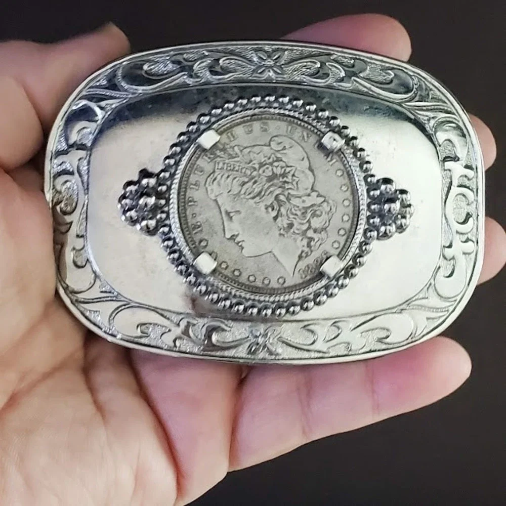 Western Scroll Silver Tone Belt Buckle Paper Silver Dollar Insert Add your Coin